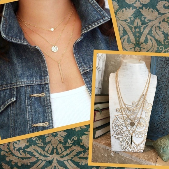 3 layer geometric and rhinestone choker necklace - Picture 2 of 8